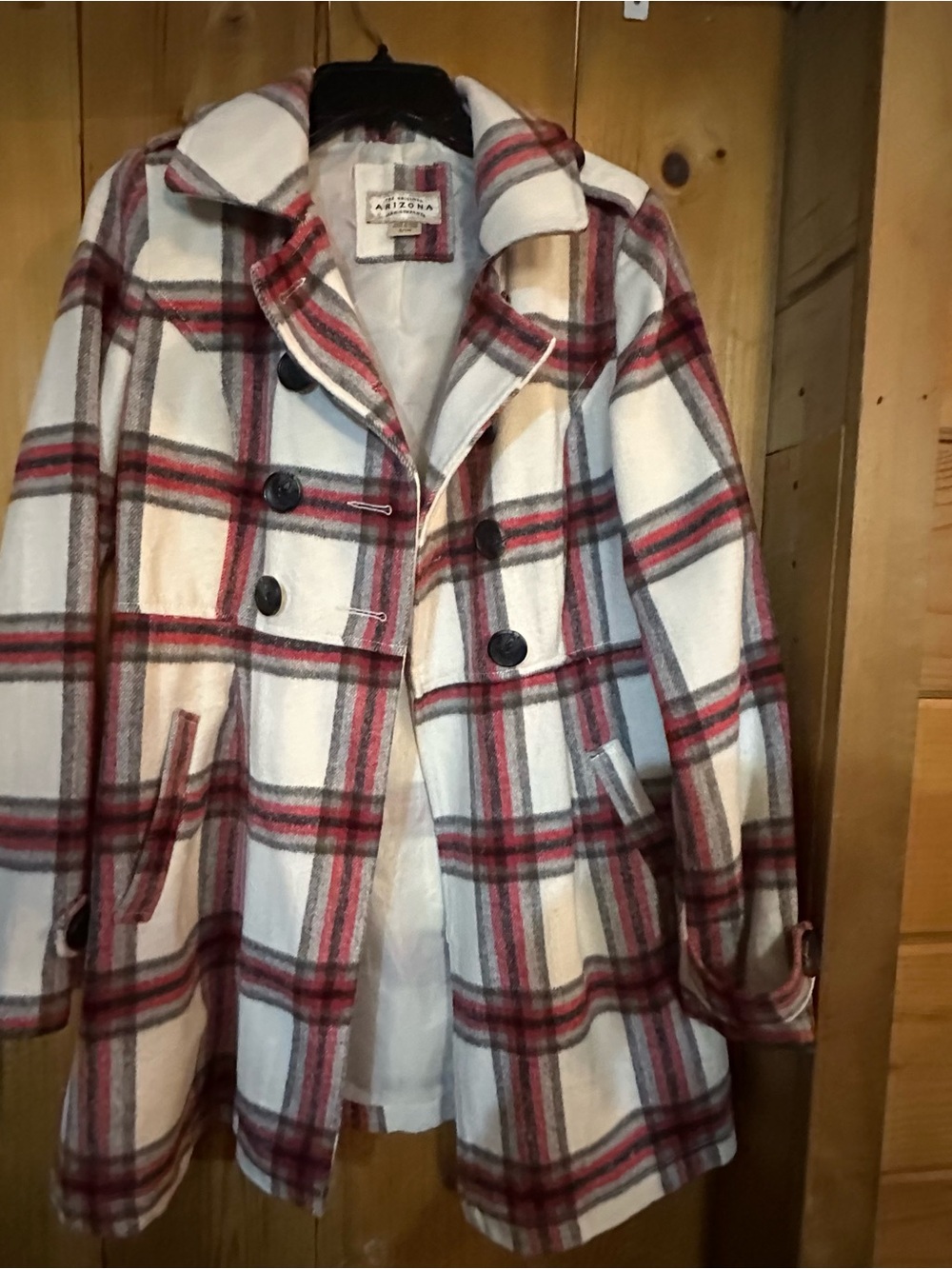Arizona Jean Company White Plaid Wool-Blend Peacoat with Red & Gray Accents